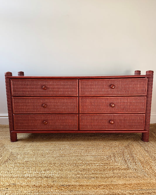 French 1970’s Red Rattan Chest of Drawers