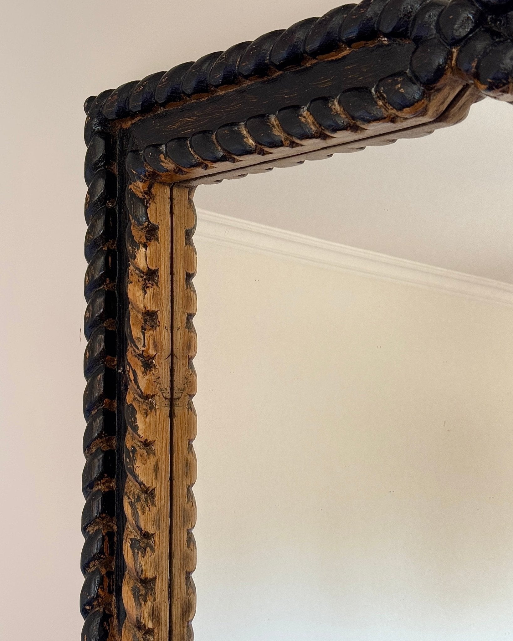 Large Black Oak Twisted Rope Mirror, Late 19th Century - Club Sourced