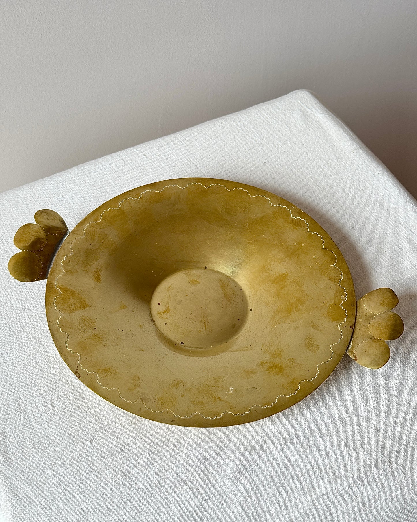 Engraved Brass Tray with Scalloped Handles
