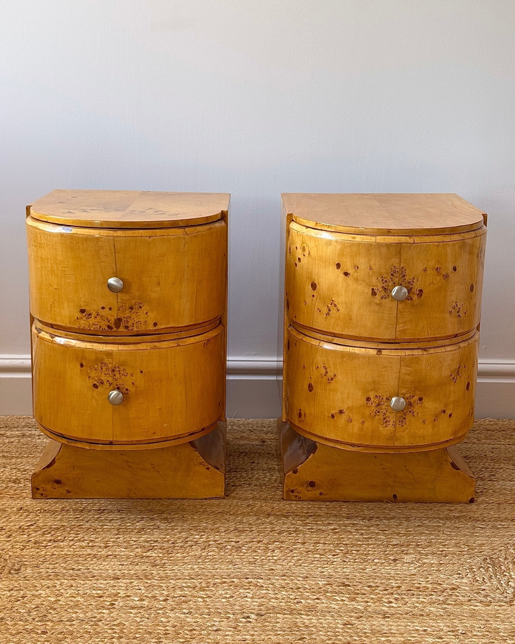 Pair of Art Deco Blonde Birdseye Maple Bedside Tables - Club Sourced