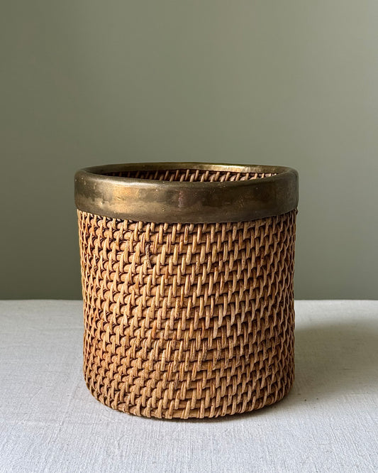 Italian Mid-Century Woven Rattan & Brass Basket