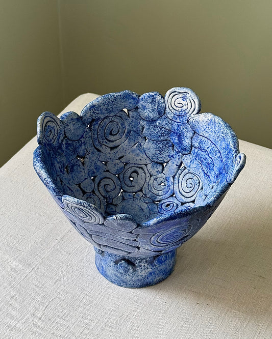 Cobalt Blue Sculptural Studio Pottery Pedestal Bowl