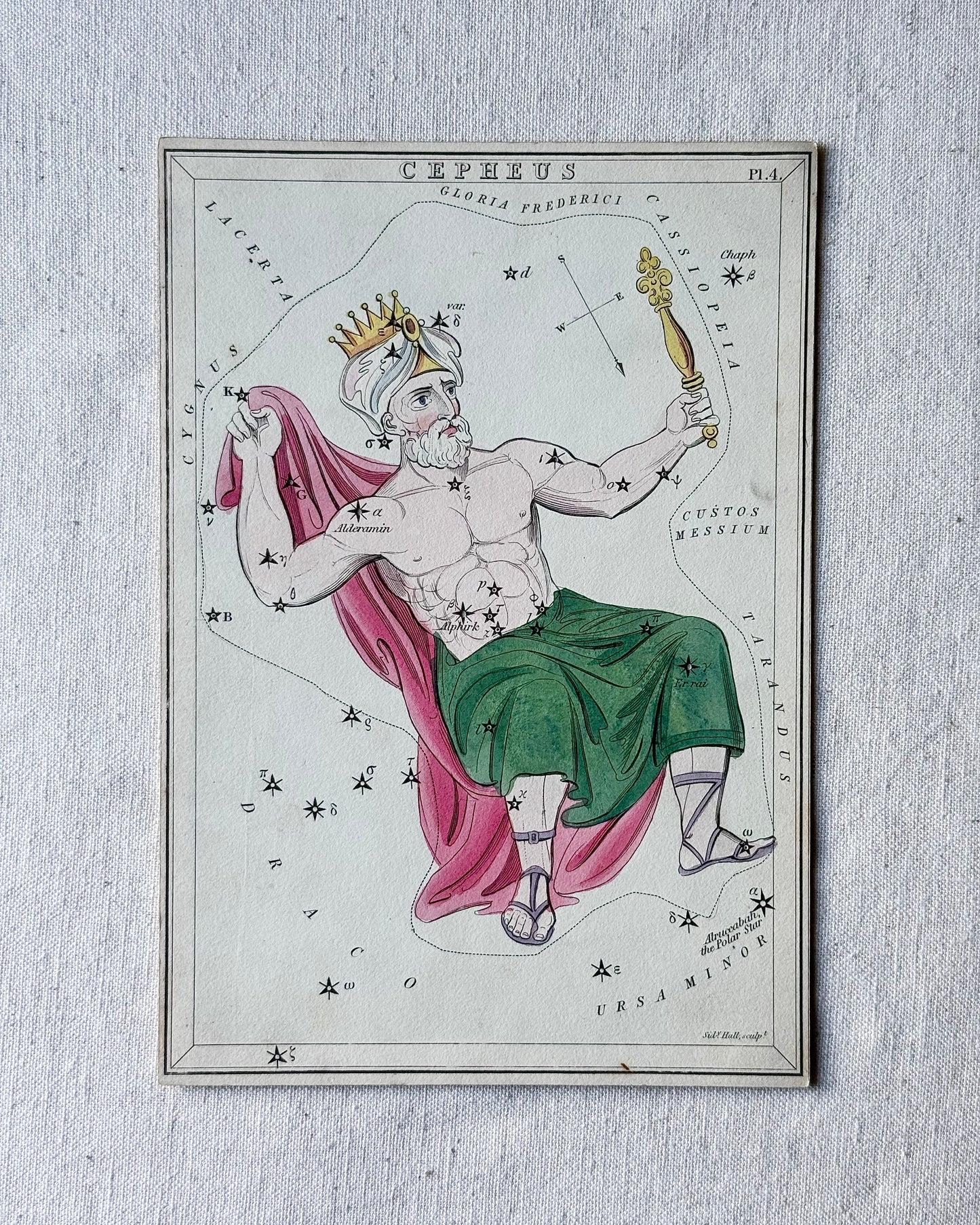 Antique Hand-Painted Constellation Print ‘Urania’s Mirror’ by Sidney Hall c. 1825