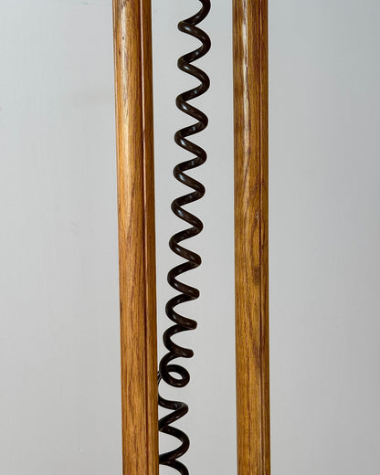 German Oak Floor Lamp with Domed Linen Shade, c.1970