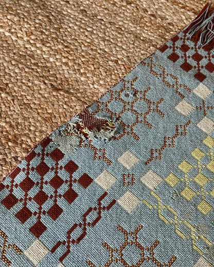 Vintage Welsh Wool Tapestry Blanket in Pastel Blue, Brown & Yellow