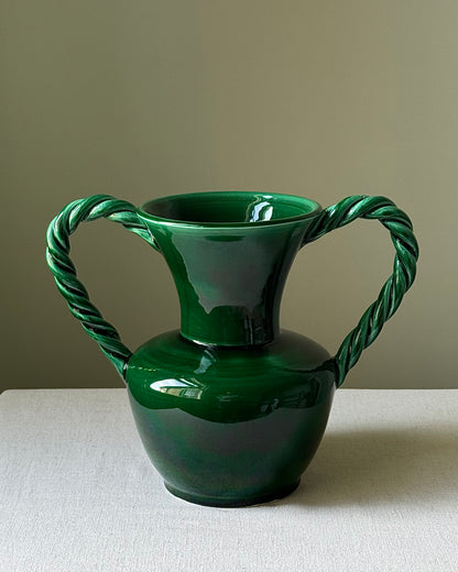 Vallauris Green Glaze Vase with Twisted Rope Handles