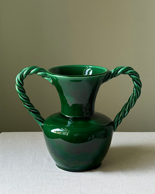 Vallauris Green Glaze Vase with Twisted Rope Handles