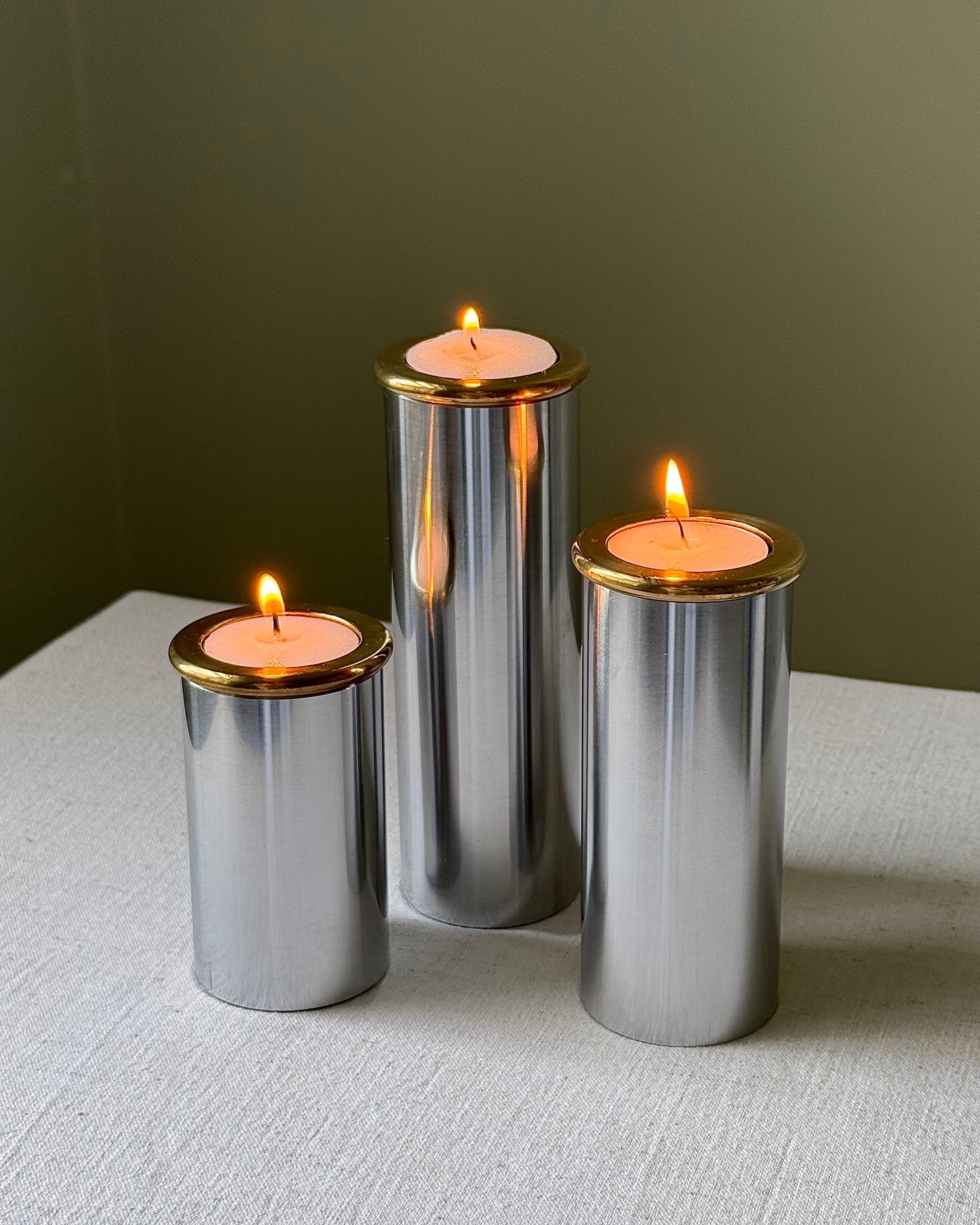 Trio of Brushed Steel and Brass Tealight Holders, in the Manner of Staffan Englesson
