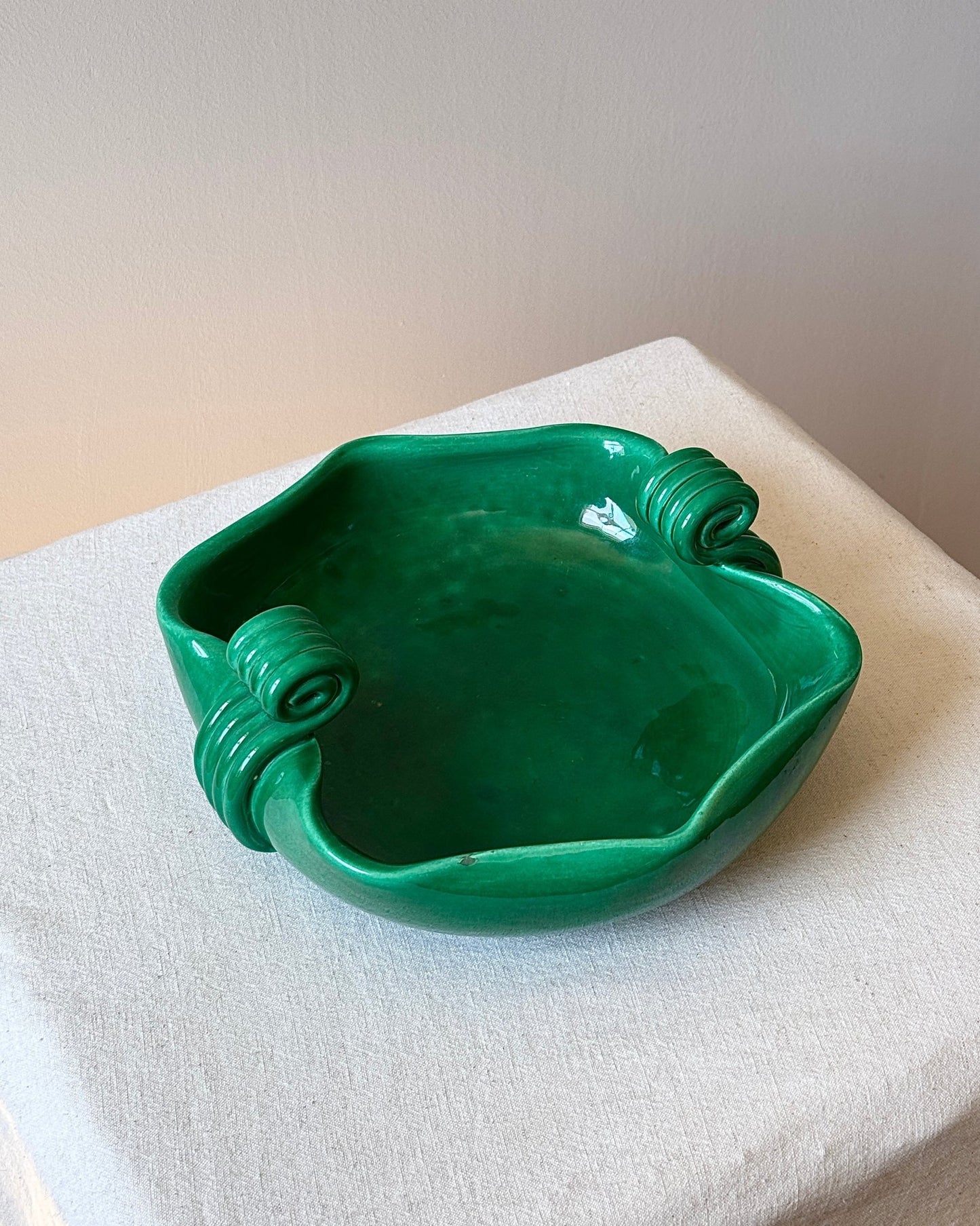 French Art Deco Ceramic Green Bowl with Scrolled Handles - Club Sourced