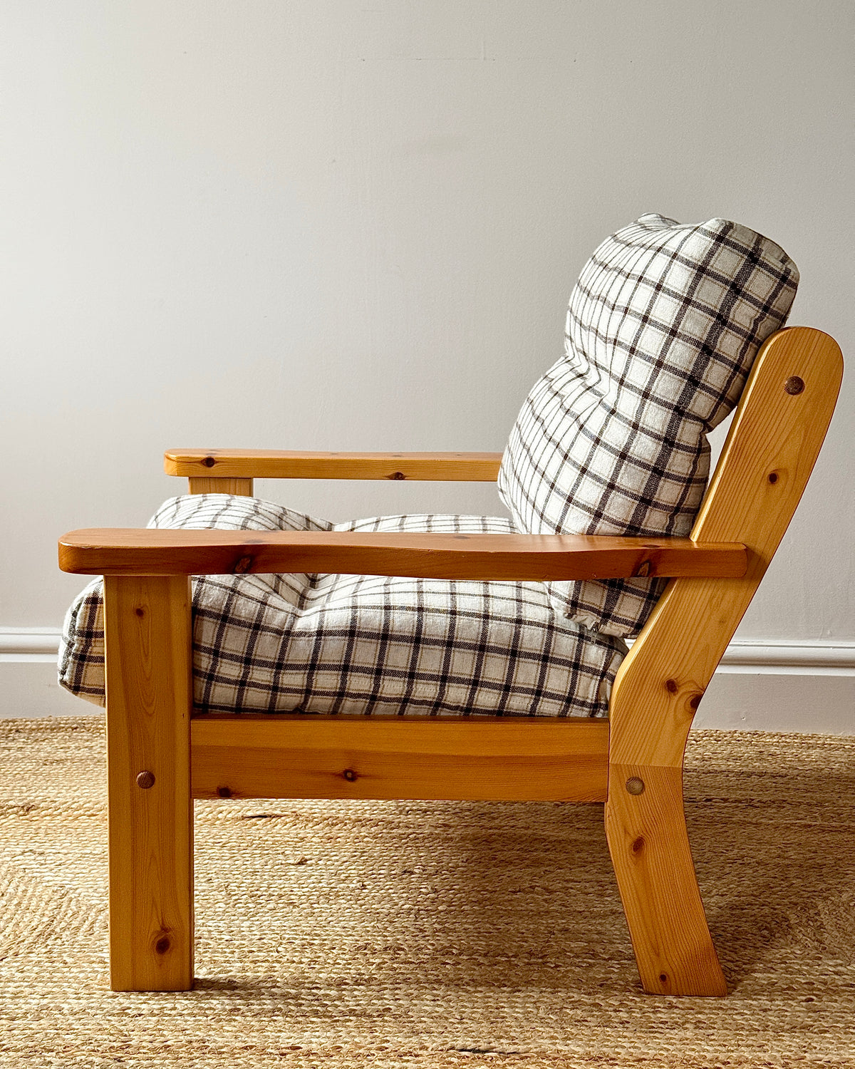 Scandinavian Pine Armchairs with Check Upholstery 1970s