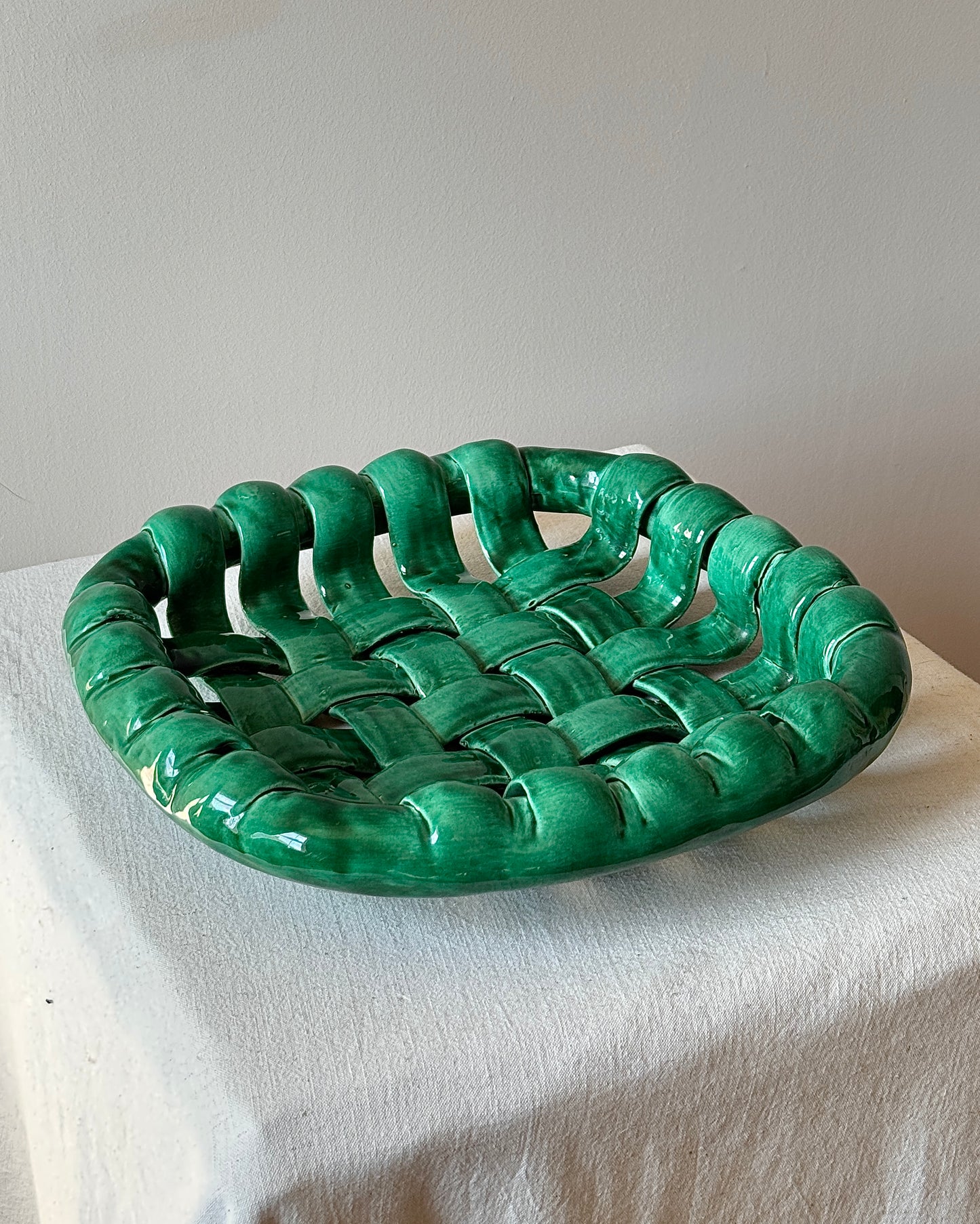 Large Emerald Green Glazed Ceramic Chunky Woven Bowl