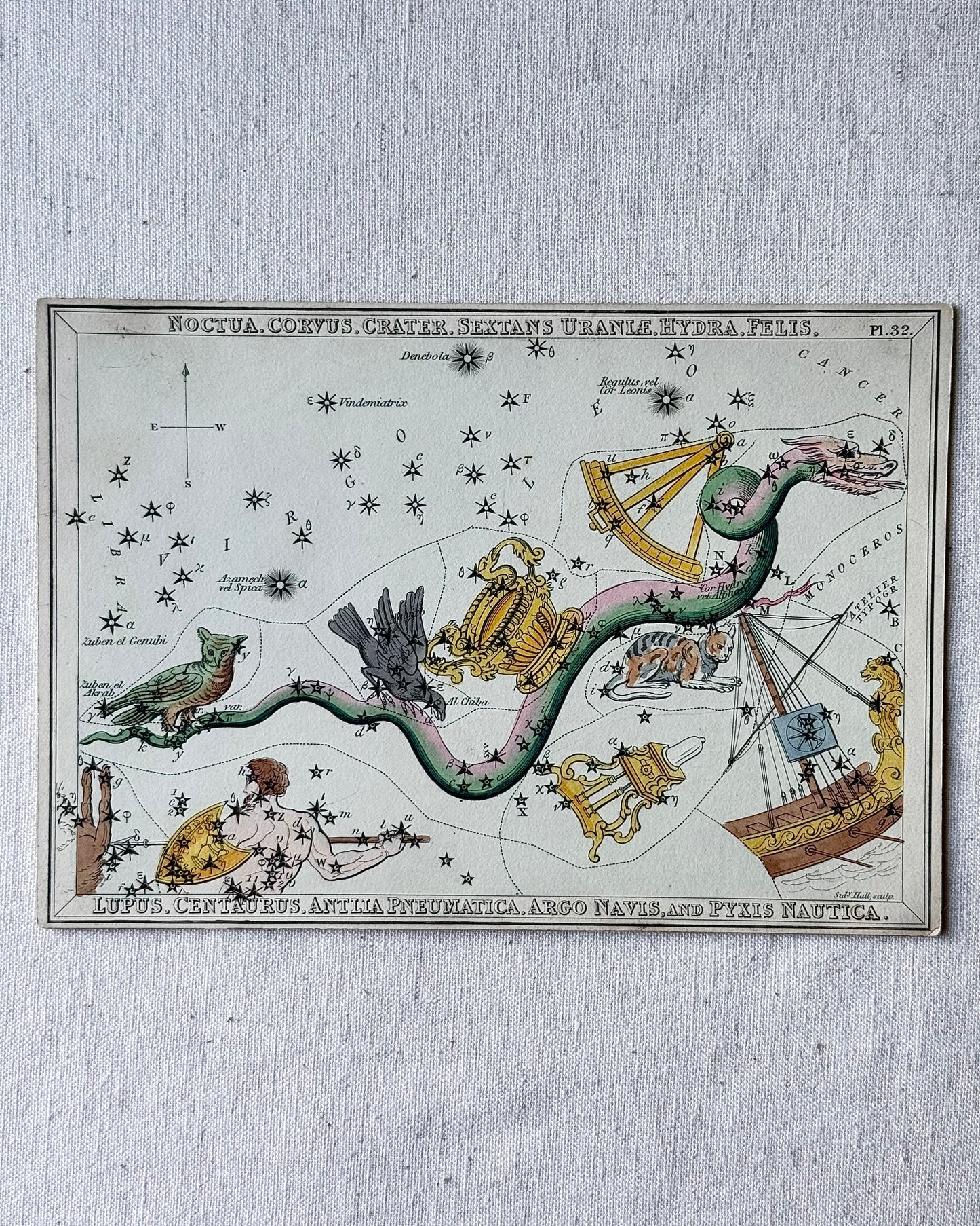 Antique Hand-Painted Constellation Print ‘Urania’s Mirror’ by Sidney Hall c. 1825