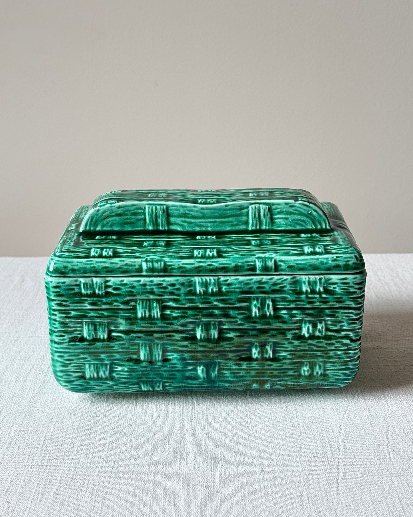 Digoin & Sarreguemines Green Basketweave Lidded Box