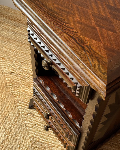 Pair of Folk Carved Oak Bedside Tables, French c.1940
