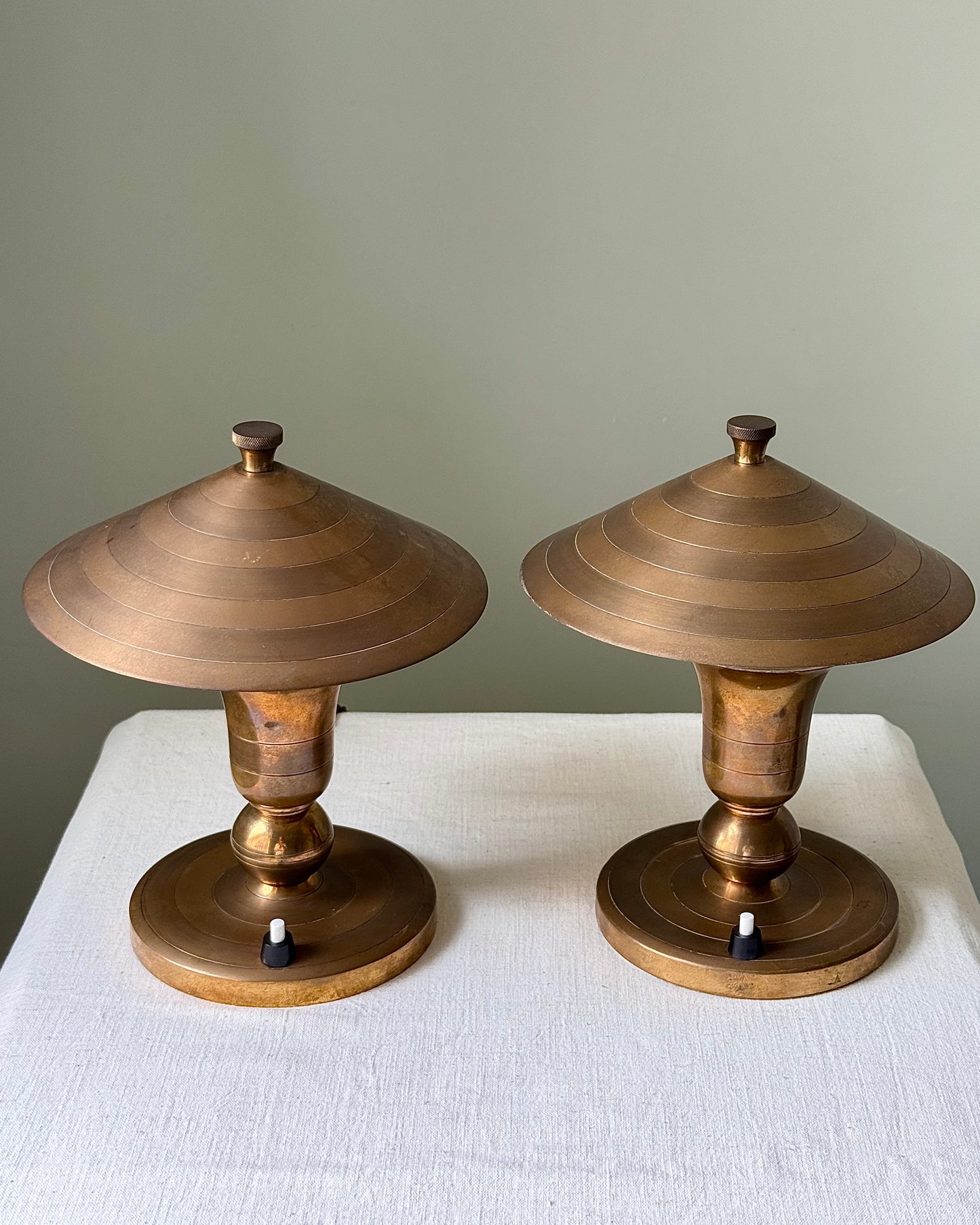 Pair of Brass Art Deco Belgian Table Lamps, signed Gersyl