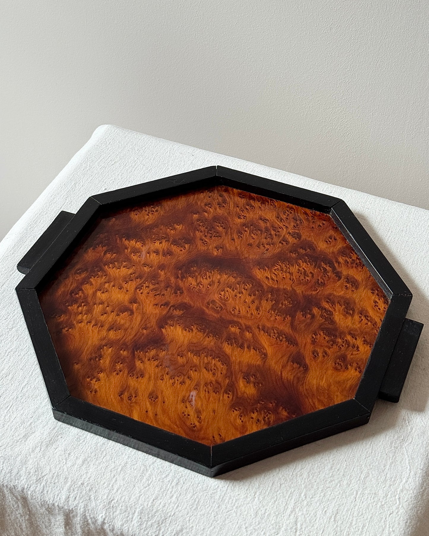 Art Deco Hexagonal Burlwood Tray with Black Frame