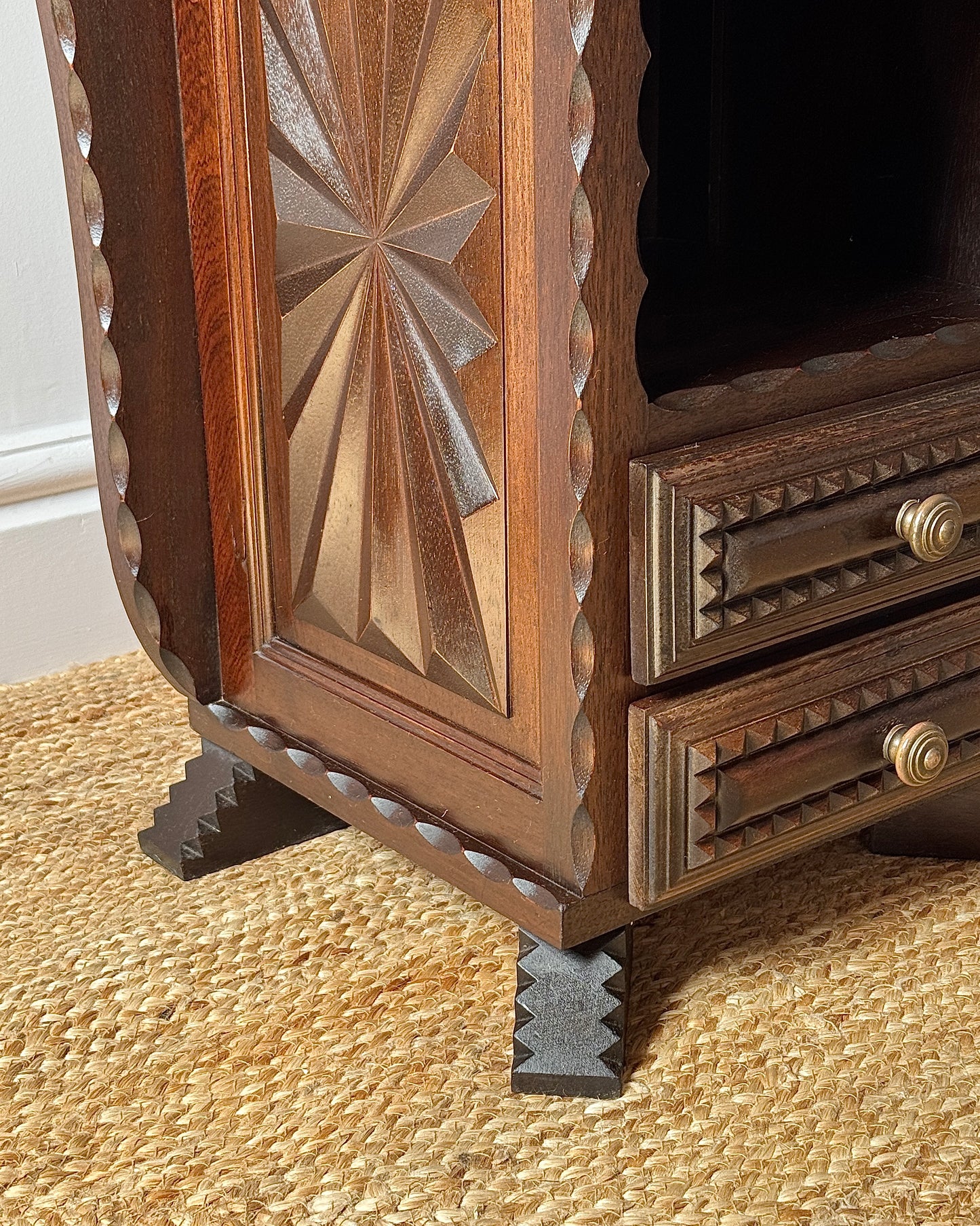Pair of Folk Carved Oak Bedside Tables, French c.1940