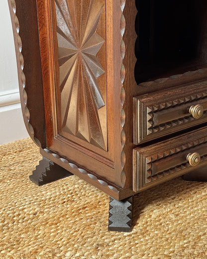 Pair of Folk Carved Oak Bedside Tables, French c.1940