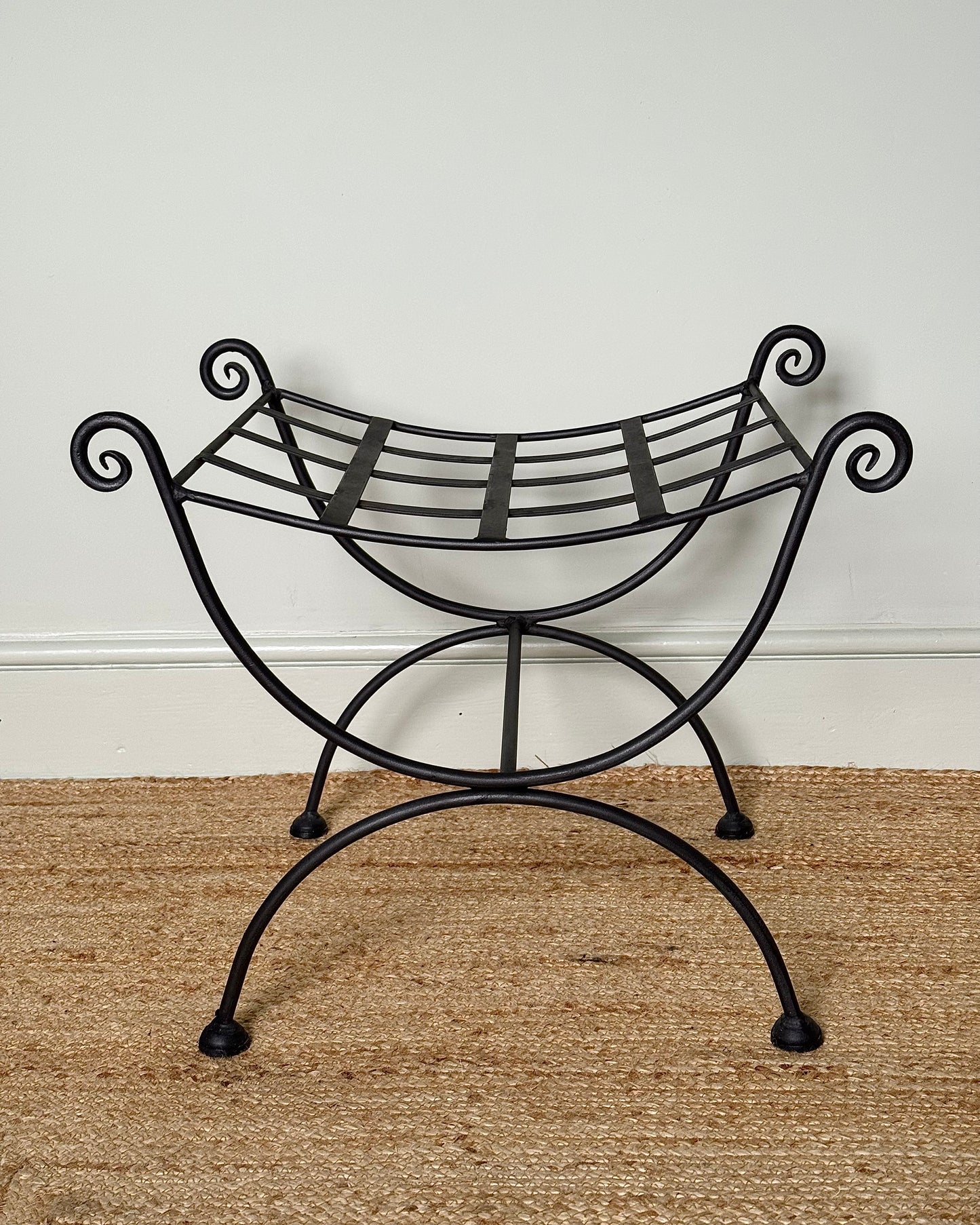 Vintage French Iron Curule Stool with Sculptural Curls