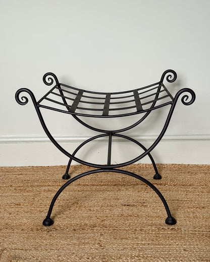 Vintage French Iron Curule Stool with Sculptural Curls