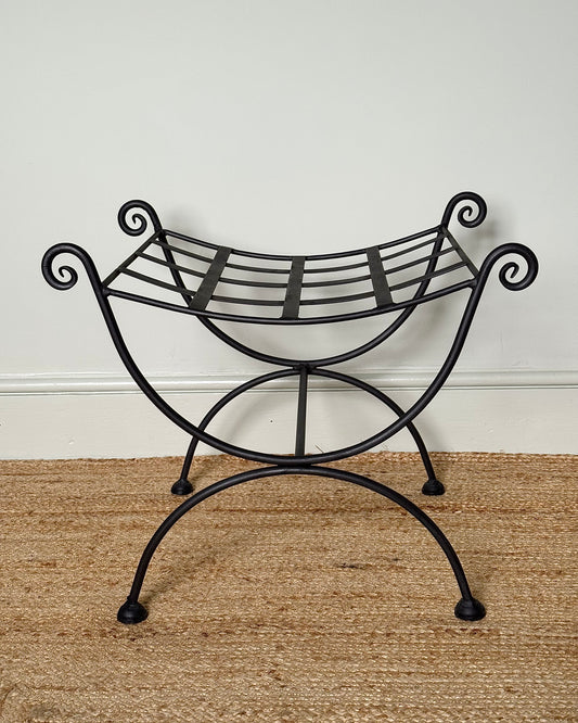 Vintage French Iron Curule Stool with Sculptural Curls