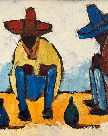 Three Men in Sombreros Oil on Panel