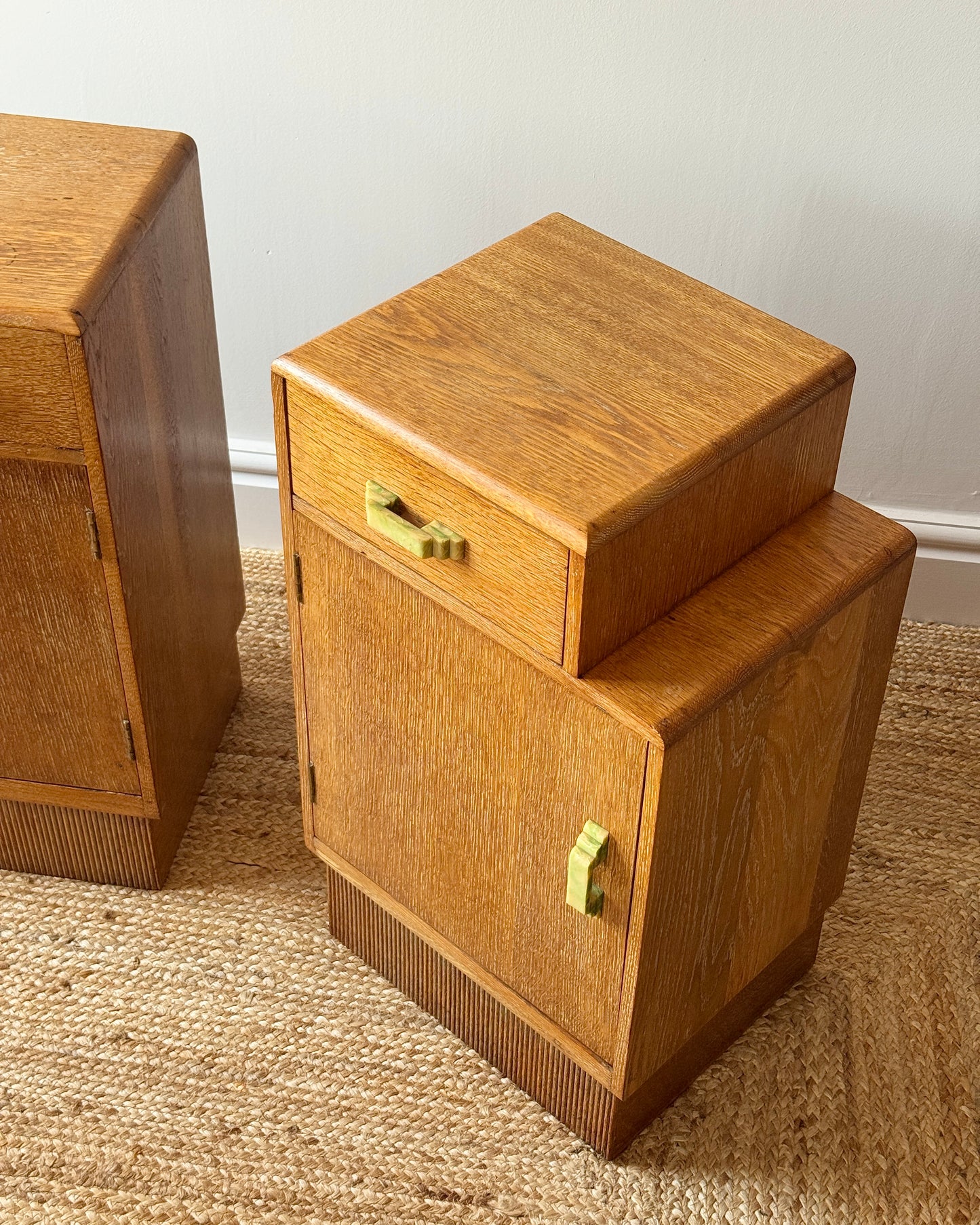 Pair of Art Deco Limed Oak Bedside Tables, c.1930