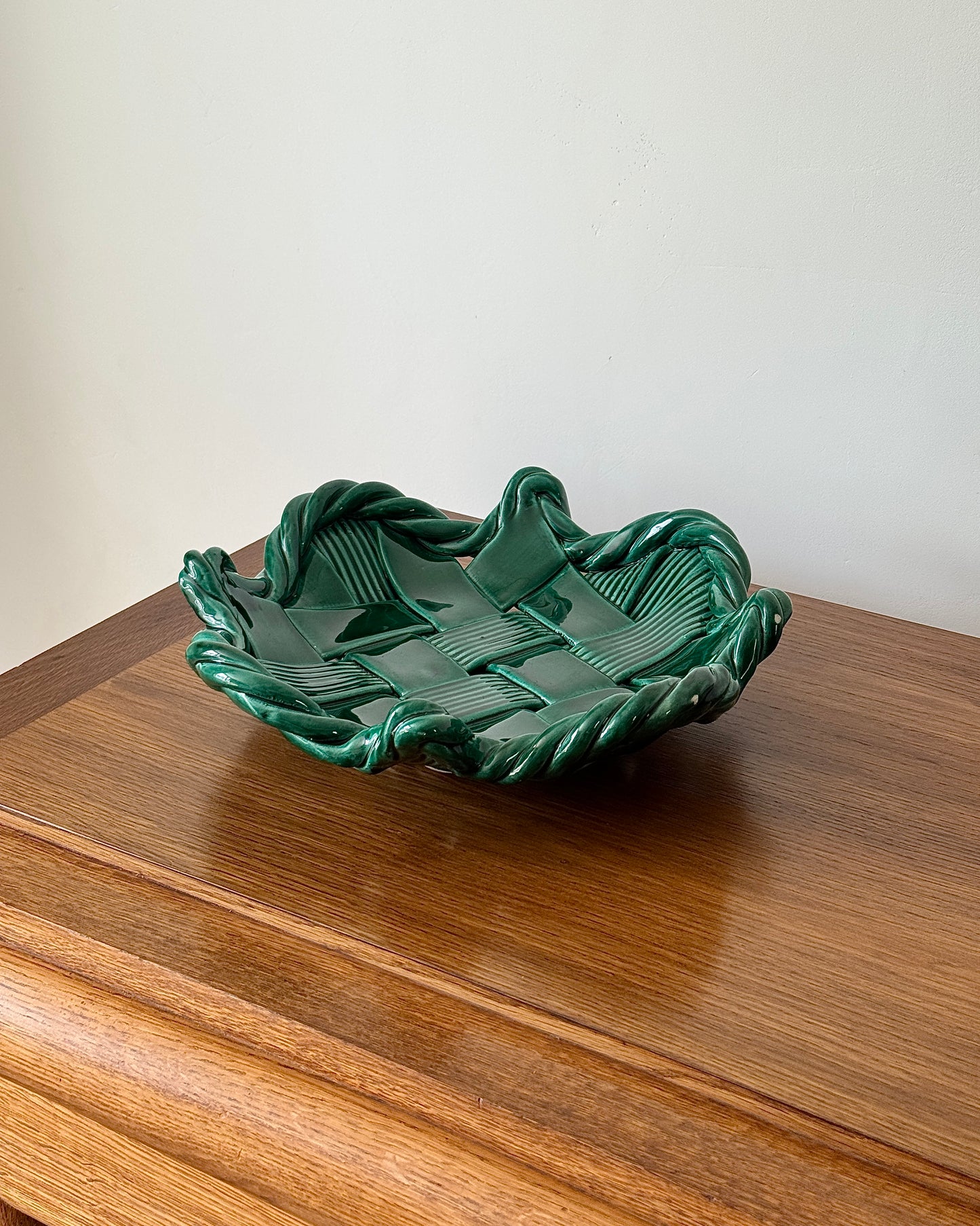 Vallauris Green Glazed Woven Ceramic Bowl, c.1950s