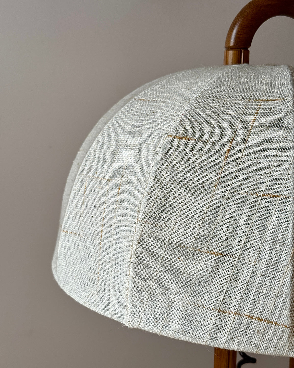 German Oak Floor Lamp with Domed Linen Shade, c.1970