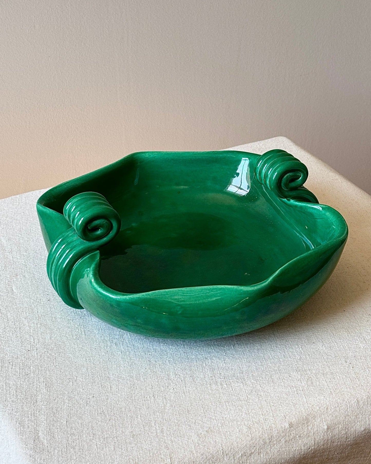 French Art Deco Ceramic Green Bowl with Scrolled Handles - Club Sourced