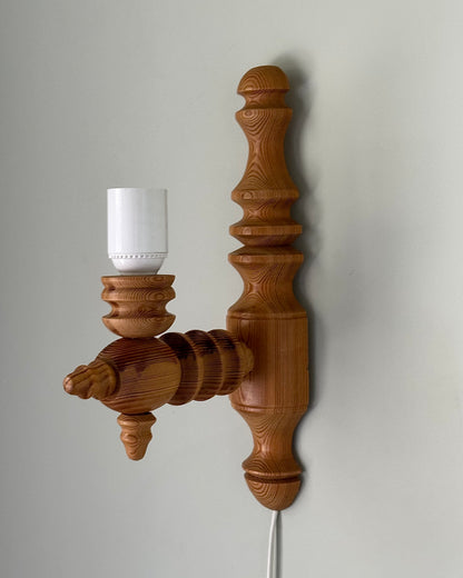 Swedish Turned Pine Wall Sconce, 1970s