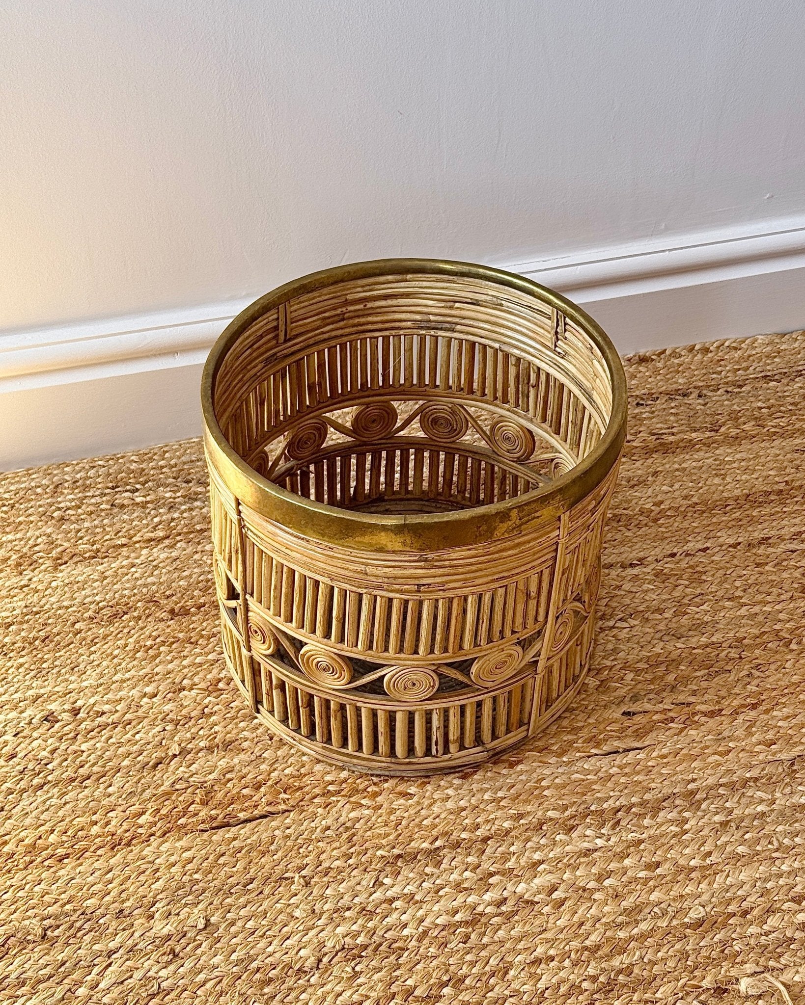 Italian 1970s Pencil Reed and Brass Basket - Club Sourced