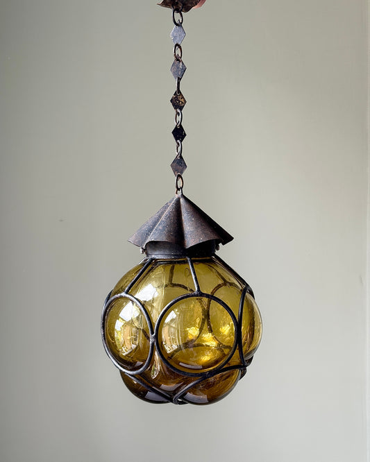 Venetian Style Caged Mouth-blown Amber Glass Pendant