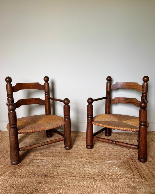 Pair of Charles Dudouyt Oak and Rush Armchairs, 1940s